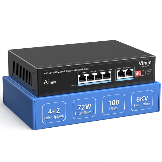 6-Port Gigabit PoE Switch with 4 Port PoE, VIMIN 4-Port Unmanaged 10/100/1000Mbps Network PoE Switch with 2 Uplink Ports, AI Watchdog, VLAN, Extend 250m, Support IEEE802.3af/at