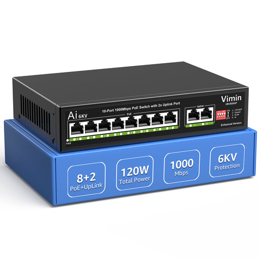 10-Port Gigabit PoE Switch with 8 Port PoE, VIMIN 8-Port Unmanaged 10/100/1000Mbps Network PoE Switch with 2 Uplink Ports, AI Watchdog, VLAN, Extend 250m, Support IEEE802.3af/at