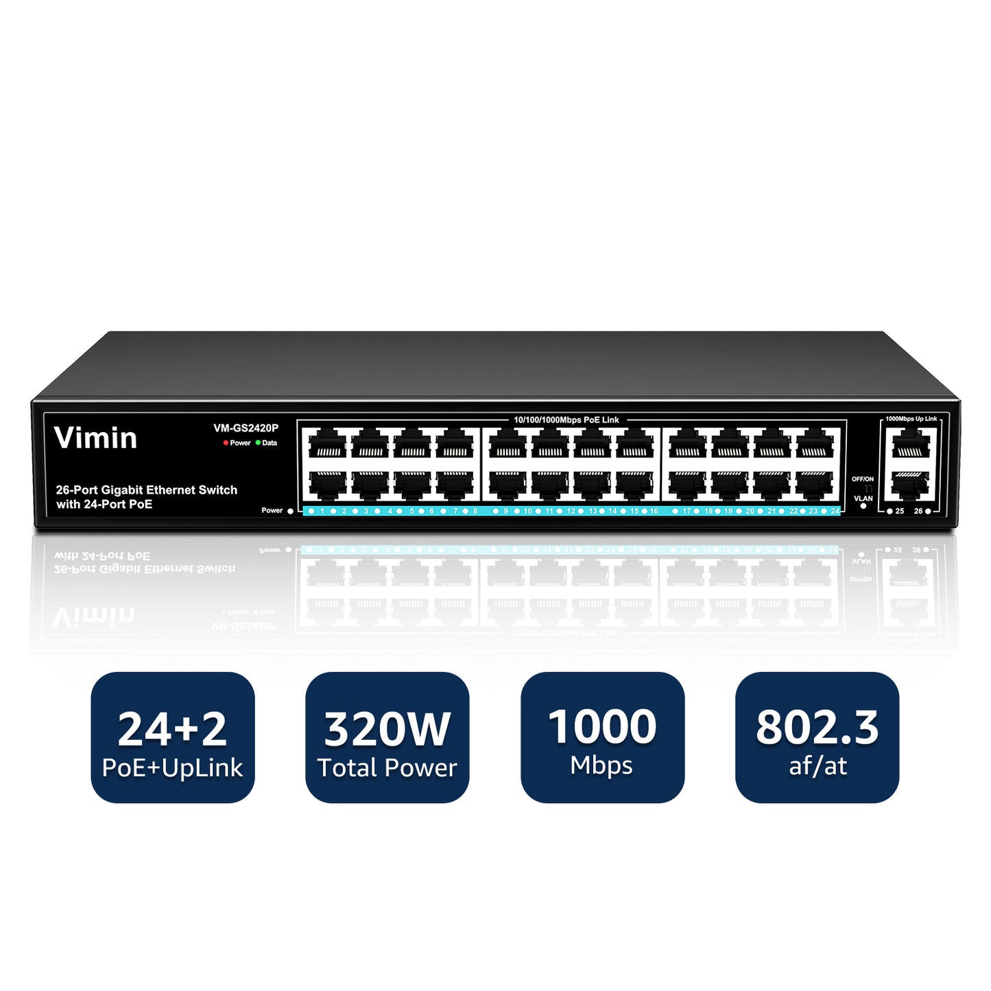 24 Port Gigabit PoE Switch with 2 Uplink Gigabit Ports, 26 Port Unmanaged PoE Ethernet Switch with 320W Power, Support IEEE802.3af/at, VLAN, Metal Housing, 19 inch Rack-Mount, Plug and Play