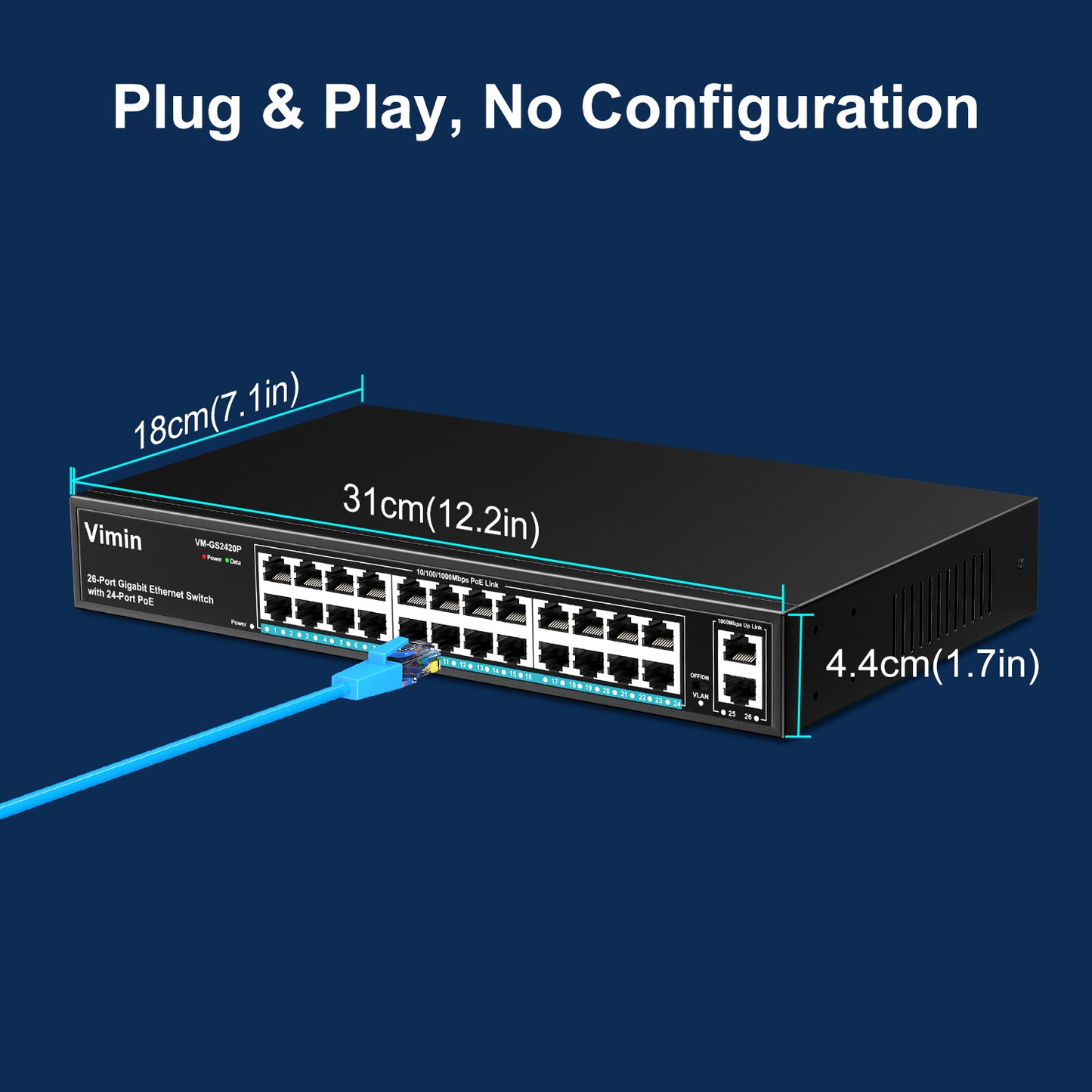 24 Port Gigabit PoE Switch with 2 Uplink Gigabit Ports, 26 Port Unmanaged PoE Ethernet Switch with 320W Power, Support IEEE802.3af/at, VLAN, Metal Housing, 19 inch Rack-Mount, Plug and Play