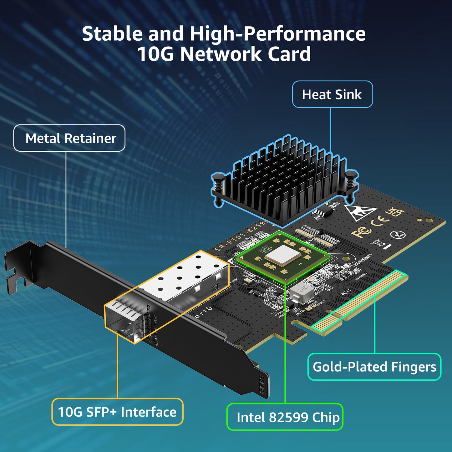 Carte réseau SFP PCIe 10 Go avec contrôleur Intel 82599 (X520-DA1), adaptateur Ethernet VIMIN 10G avec port SFP+ unique 10 Gbit/s, compatible Express PCIe X8 et X16, prise en charge Windows 7/8/10/11/Linux/VMware