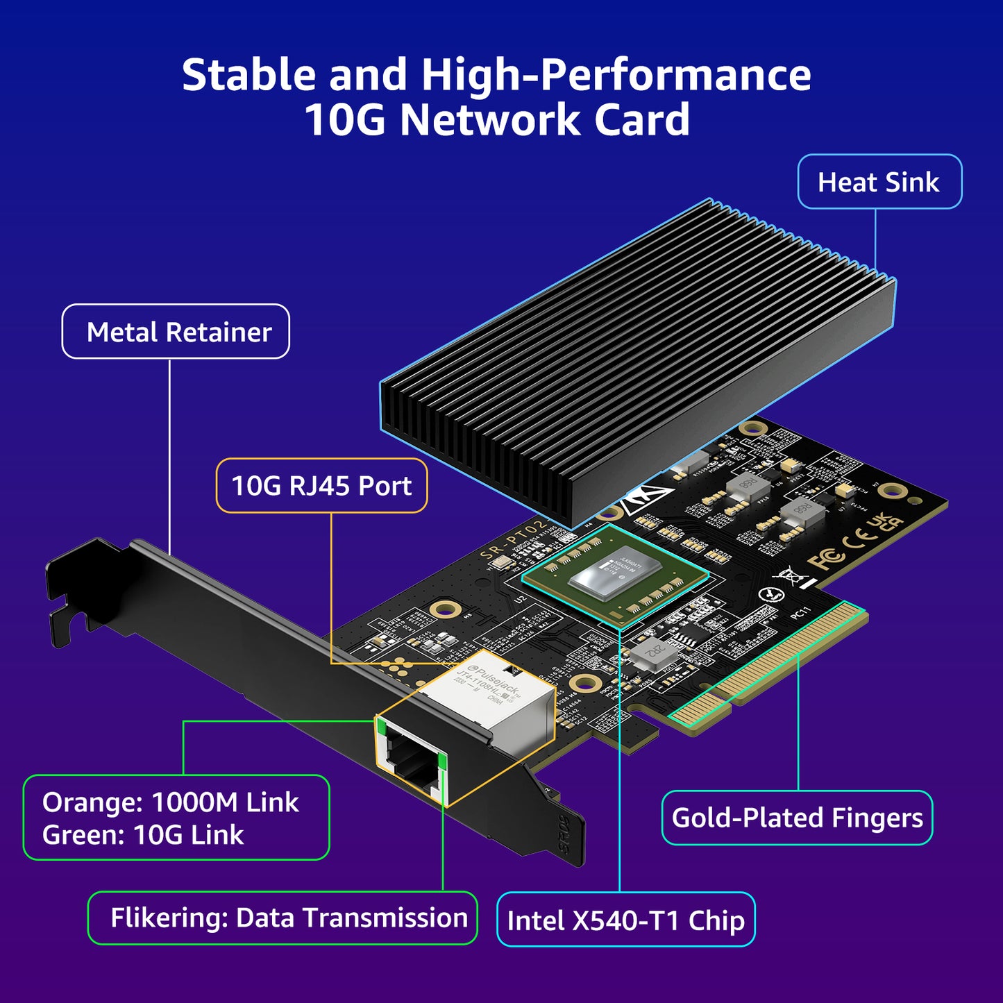 Carte réseau PCI-E 10G avec port RJ45 unique 10 Gbit/s, contrôleur Intel X540-T1, carte réseau VIMIN 10 Go Base-T PCI-e compatible avec PCI Express X8, X16, prise en charge Windows/Windows Server/Linux/VMware