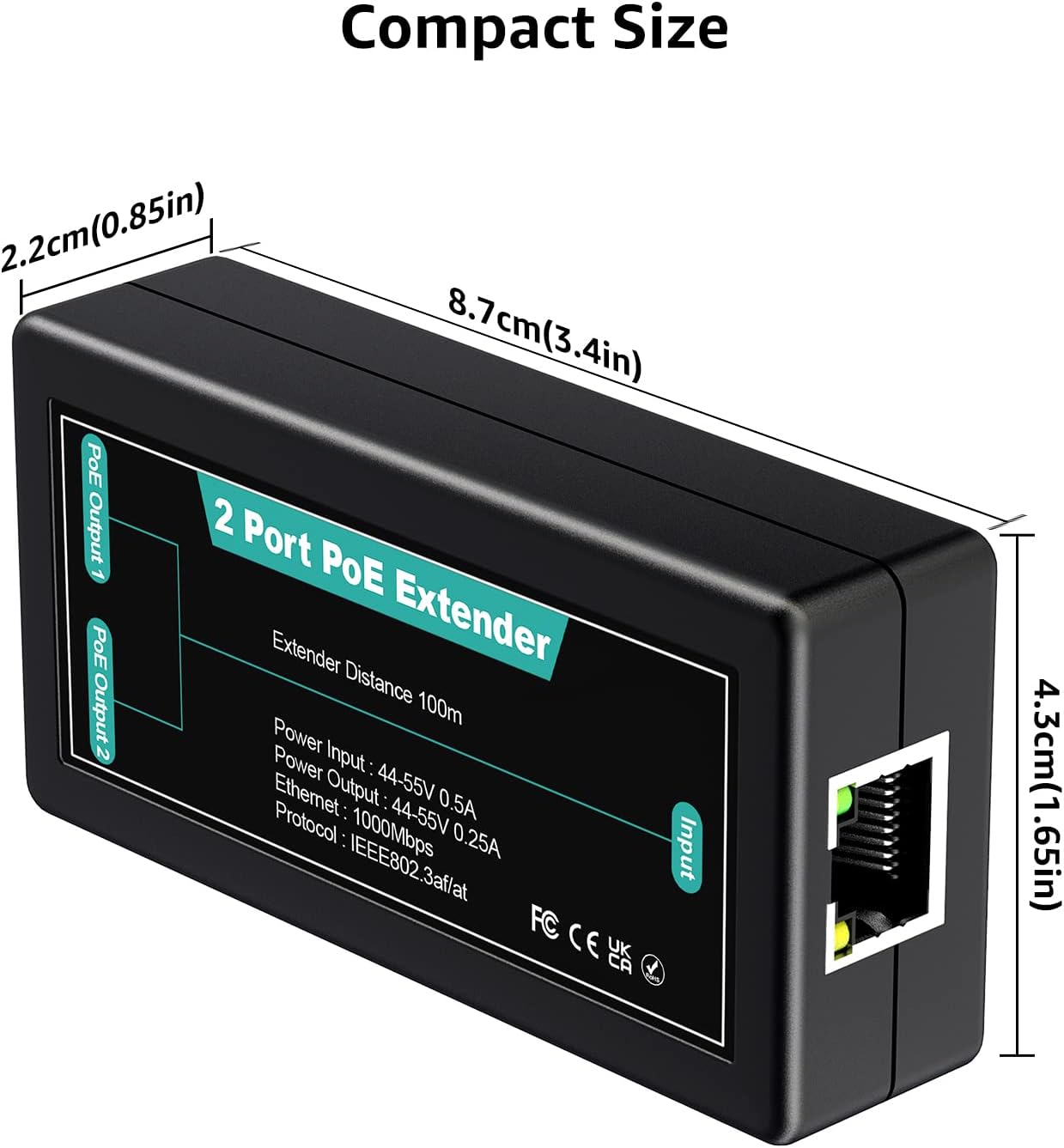 VIMIN 2-Port Gigabit PoE Extender, 1 in 2 Out Indoor PoE Repeater Support IEEE802.3af/at with 1000Mbps, Extend Additional 100m(328ft) of Power and Data Transmission, Plug & Play, Mini Size