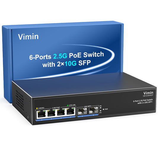 6-Port 2.5G PoE Switch Unmanaged, 4X 2.5GBase-T PoE Ports, 2X 10Gbps SFP, 4 Port PoE Switch w/ 60Gbps Ethernet Switching Capacity, Support IEEE802.3af/at, 65W, VLAN, Metal Housing, Fanless