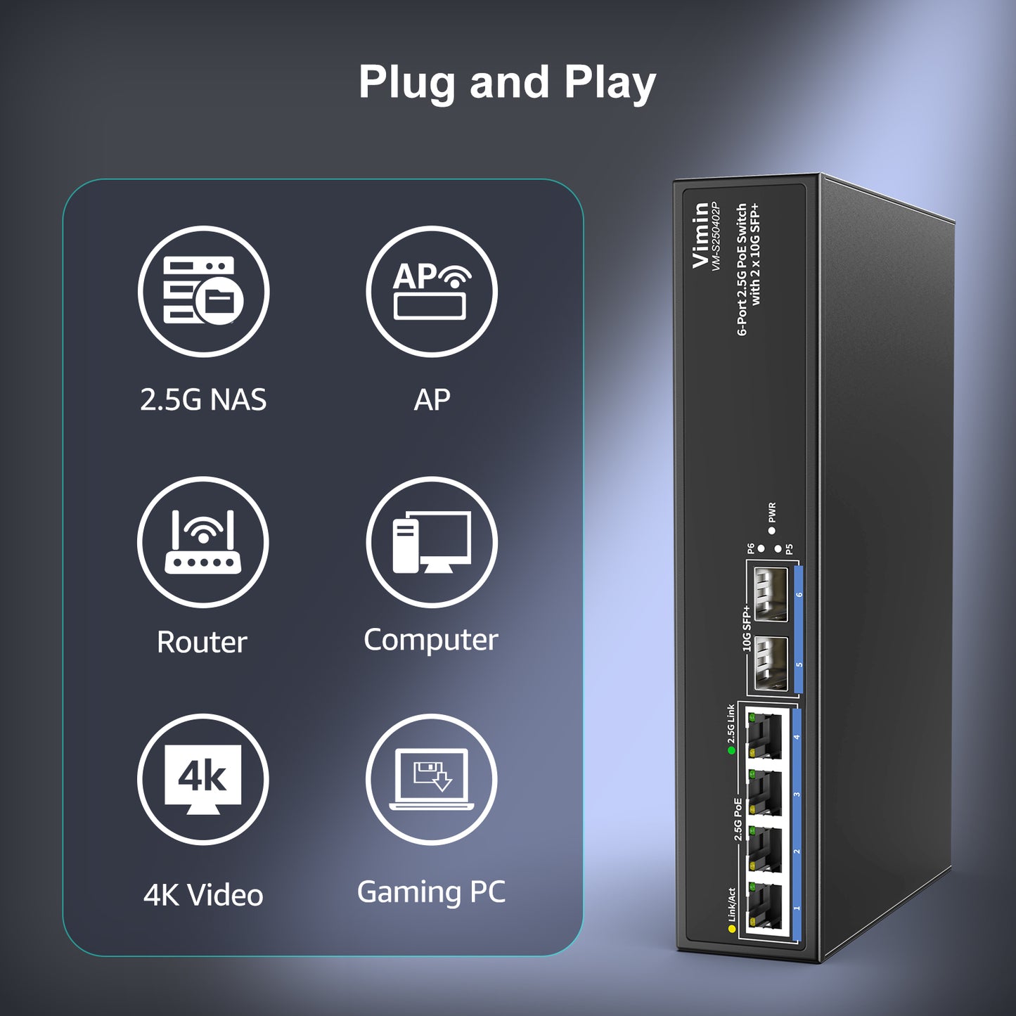 Switch PoE 6 ports 2,5 G non géré, 4 ports PoE 2,5 GBase-T, 2 ports SFP 10 Gbit/s, commutateur PoE 4 ports avec capacité de commutation Ethernet 60 Gbit/s, prise en charge IEEE802.3af/at, 65 W, VLAN, boîtier métallique, sans ventilateur