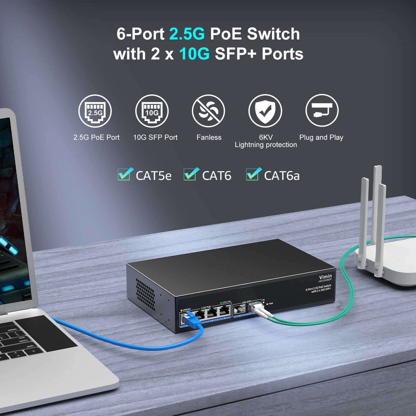 Switch PoE 6 ports 2,5 G non géré, 4 ports PoE 2,5 GBase-T, 2 ports SFP 10 Gbit/s, commutateur PoE 4 ports avec capacité de commutation Ethernet 60 Gbit/s, prise en charge IEEE802.3af/at, 65 W, VLAN, boîtier métallique, sans ventilateur