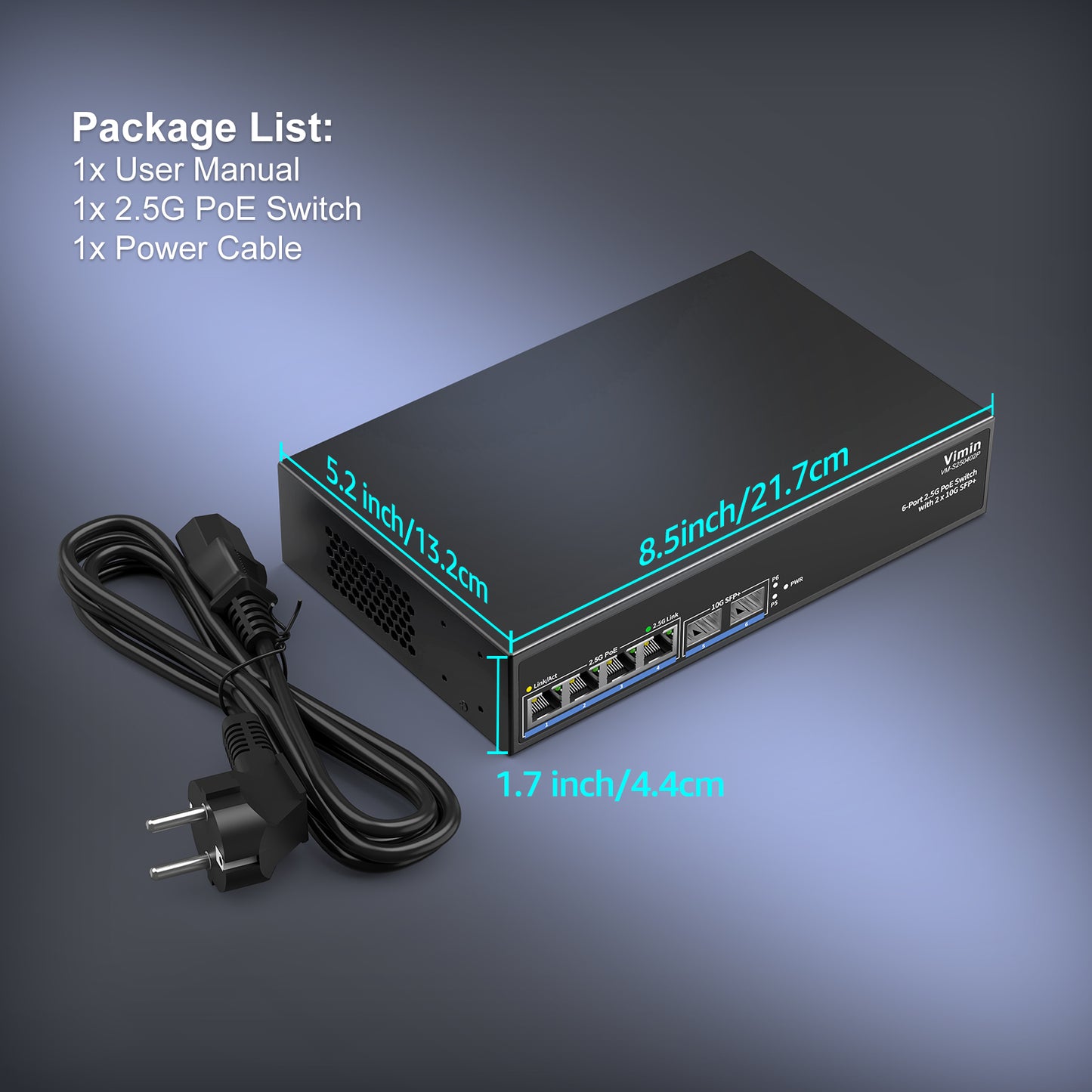 Switch PoE 6 ports 2,5 G non géré, 4 ports PoE 2,5 GBase-T, 2 ports SFP 10 Gbit/s, commutateur PoE 4 ports avec capacité de commutation Ethernet 60 Gbit/s, prise en charge IEEE802.3af/at, 65 W, VLAN, boîtier métallique, sans ventilateur