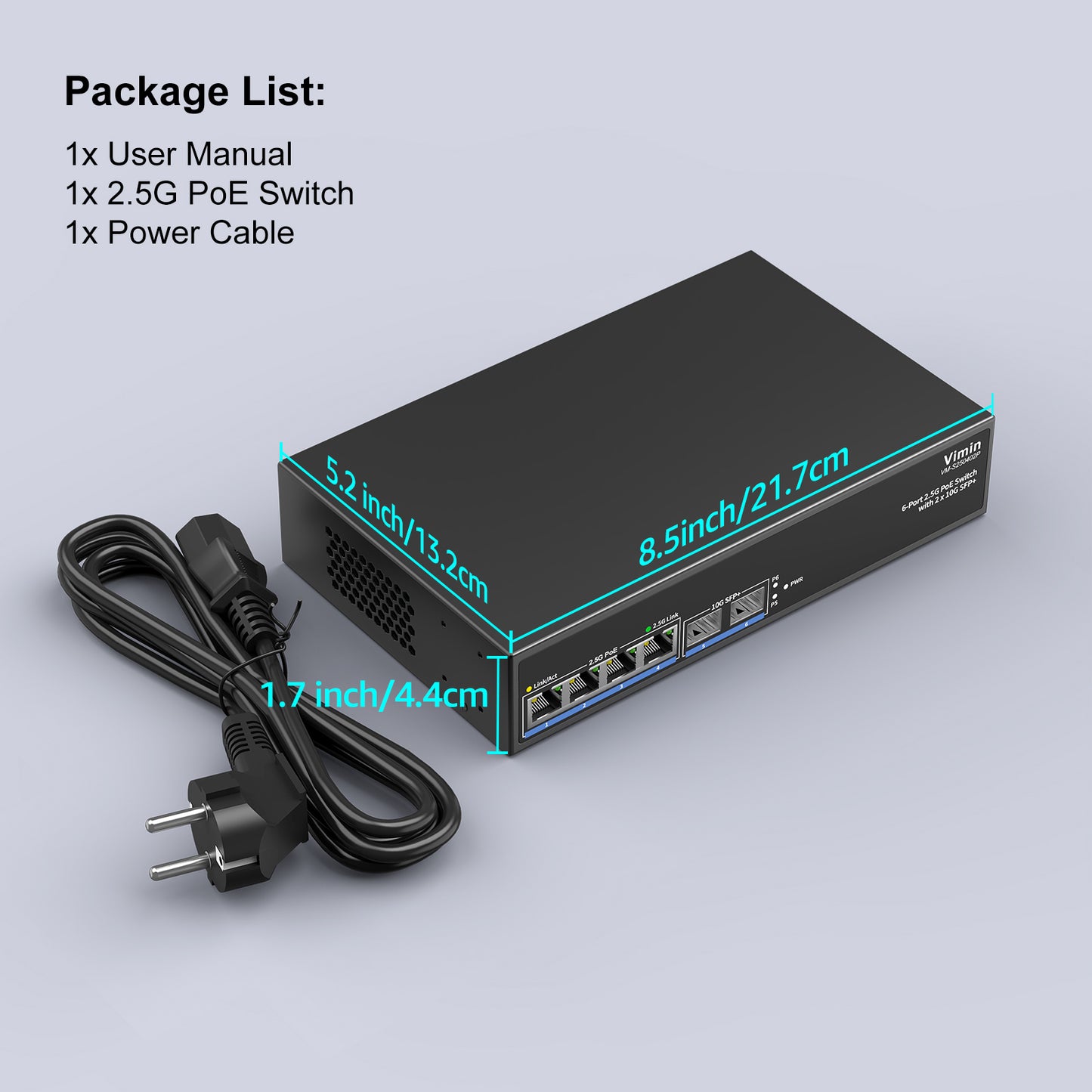 Switch PoE 6 ports 2,5 G non géré, 4 ports PoE 2,5 GBase-T, 2 ports SFP 10 Gbit/s, commutateur PoE 4 ports avec capacité de commutation Ethernet 60 Gbit/s, prise en charge IEEE802.3af/at, 65 W, VLAN, boîtier métallique, sans ventilateur