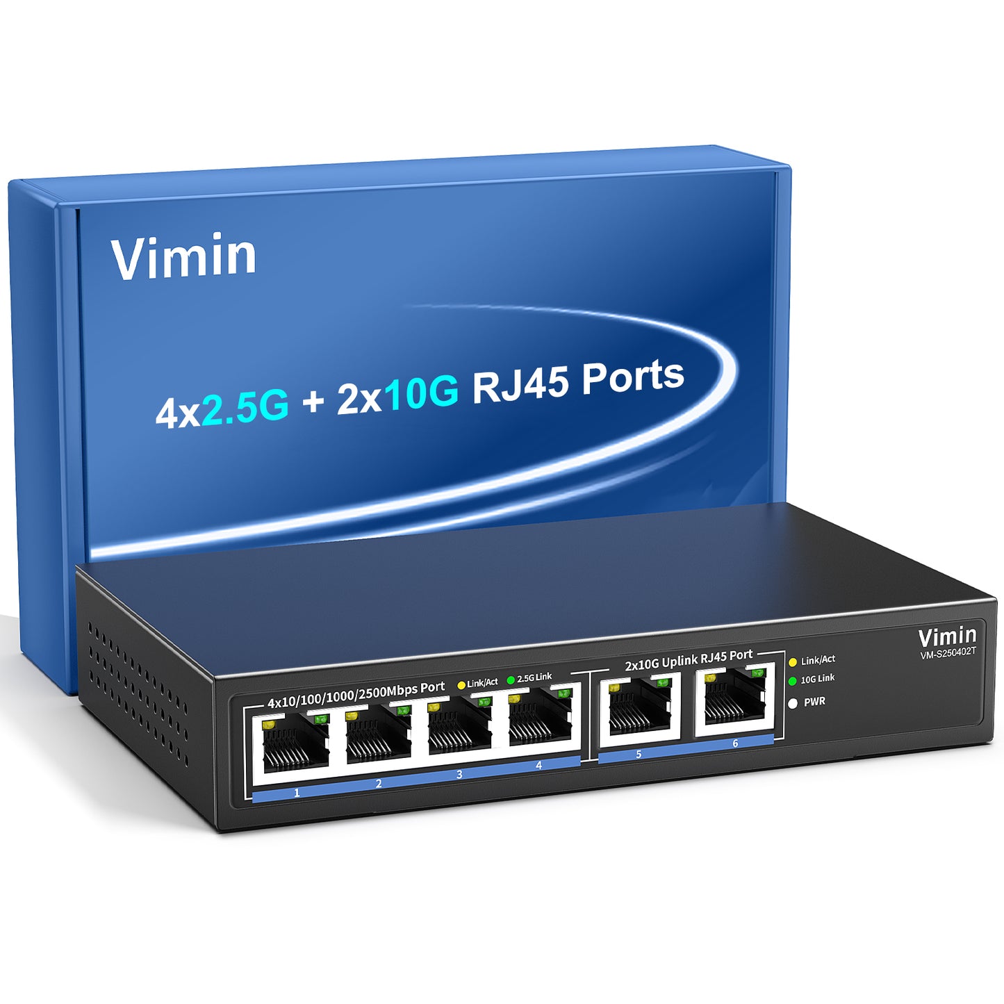 6-Port 10G/2.5G Ethernet Switch with Dual 10GBASE-T, Vimin 4X 2.5G +2 x 10Gb RJ45 Ports Unmanaged Switch, 60Gbps Capacity, Multi-Gigabit Desktop/Wall Mount Network Switch for NAS, PC, Wireless AP