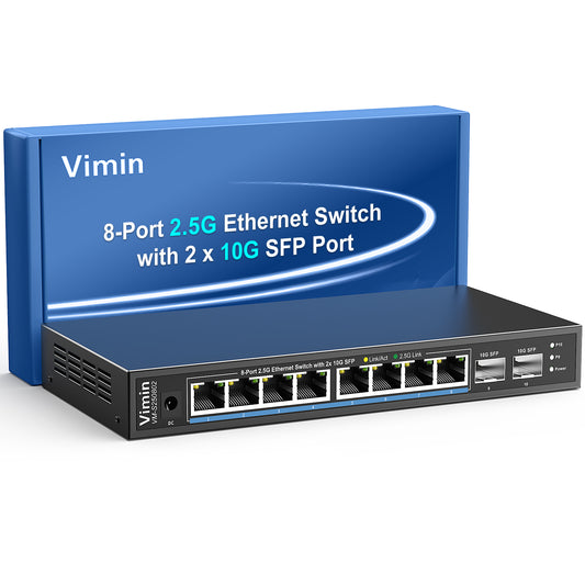 10 Port 2.5G Unmanaged Ethernet Switch, VIMIN 8X 2.5G Switch Base-T Ports, 2X 10G SFP Port, 80Gbps Switching Capacity, IEEE802.3, Metal Housing, Fanless, Work for 2.5Gbps NAS, Wireless AP & PC