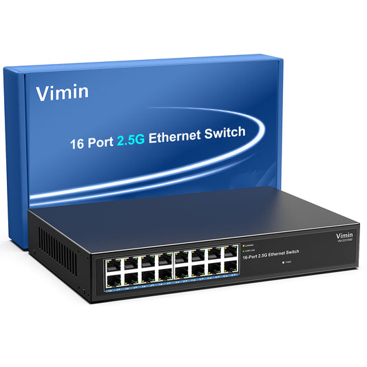 2.5G Switch Unmanaged, Vimin 16 Port 2.5GB Base-T Ethernet Switch, 2.5Gb Network Switch Plug & Play, Compatible with 10/100/1000/2500Mbps, Metal Housing, Fanless, for 2.5Gbps NAS, Wireless AP & PC