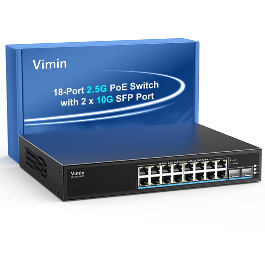 16 Port 2.5G PoE Switch Unmanaged with 2X 10Gbps SFP, VIMIN 16x 2.5G Base-T PoE Ports, 10G SFP PoE Switch,120Gbps Ethernet Switching Capacity, IEEE802.3af/at, 250W, VLAN, Metal Housing, Fanless