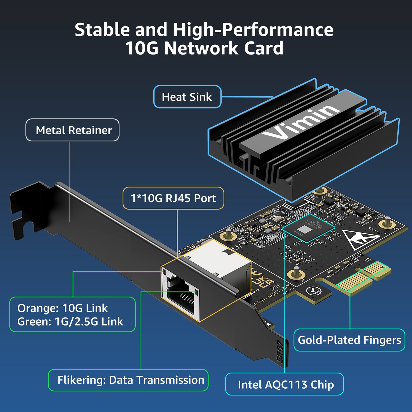 10G PCIE4.0×1 Network Card, Marvel AQC113 Controller, VIMIN 10Gb Base-T Ethernet Adapter Card Compatible with PCI Express X1,X4,X8,X16, 10G NIC RJ45 Port Support Windows/Windows Server/Linux/VMware