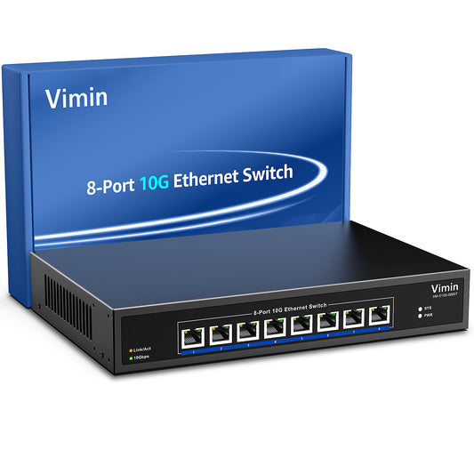 8-Port 10G Unmanaged Ethernet Switch, VIMIN 10Gbe Network Switch Support 100M/1000M/2.5G/5G/10G Speed Auto-Negotiation, for 10G NAS Network, Plug & Play, 160Gbps Switching Capacity