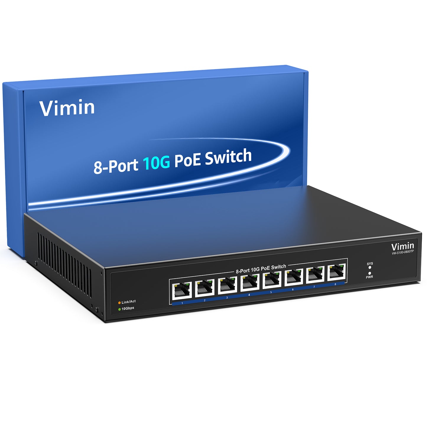 8-Port 10G PoE Switch Unmanaged, VIMIN 10Gbps Power Over Ethernet Switch Support IEEE802.3 af/at, 10G Base-T PoE Ports for 10G NAS Network, 160Gbps Switching Capacity, Desktop & Rack Mount