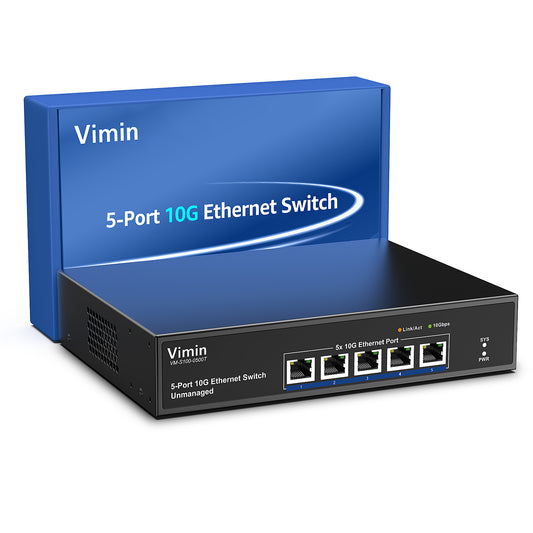 5-Port 10G Unmanaged Ethernet Switch, VIMIN 10Gbe Network Switch Support 100M/1000M/2.5G/5G/10G Speed Auto-Negotiation, for 10G NAS Network, Plug & Play, 100Gbps Switching Capacity