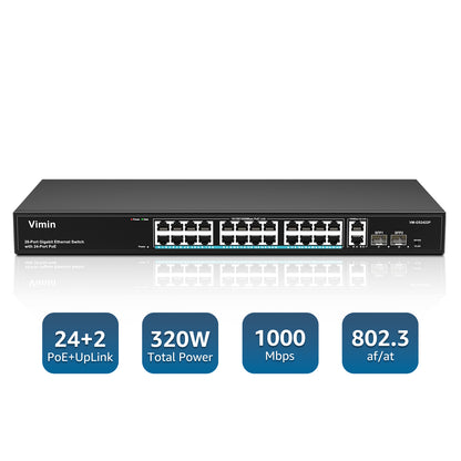 24 Port Gigabit PoE Switch with 2 Uplink Gigabit & 2 SFP Ports, 24-Port Ethernet PoE Switch Unmanaged w/ 320W High Power, Support IEEE802.3af/at, VLAN, Rack-Mount, Sturdy Metal Housing