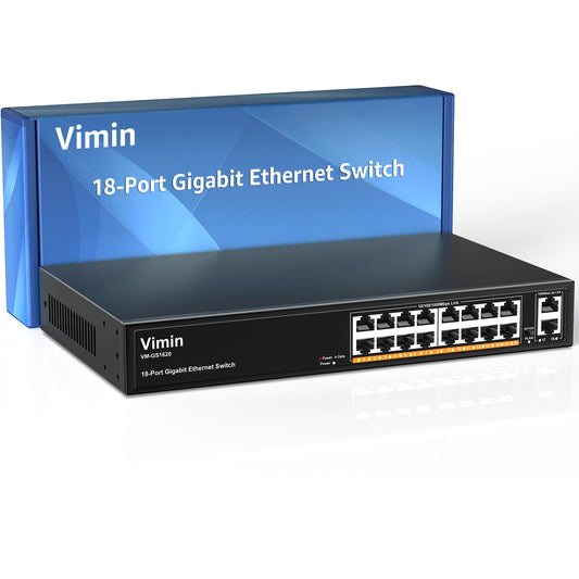 16-Port Gigabit Ethernet Switch with 2 Uplink 1000Mbps Ports, VIMIN 18-Port Unmanaged Network Switch Support IEEE802.3af/at, VLAN, Desktop & 19 inch Rack-Mount, 250W Power Budget, Plug and Play