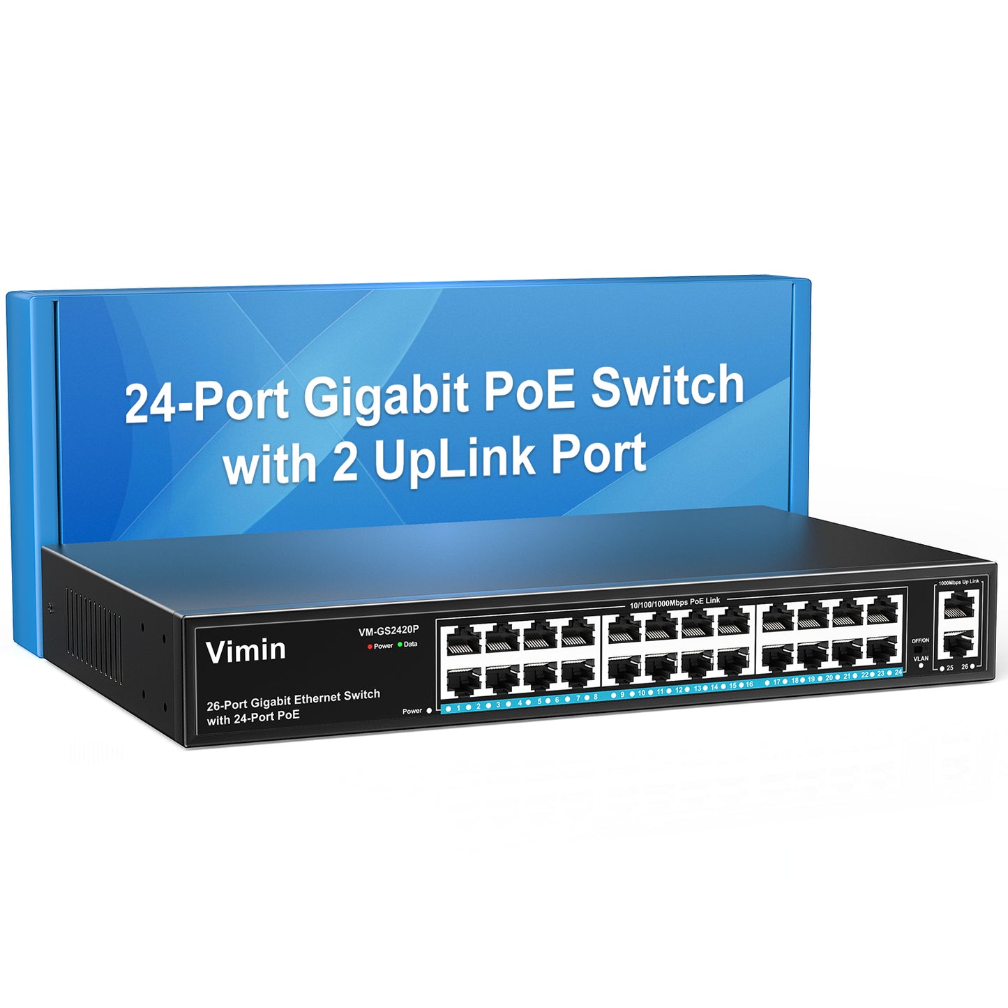 Switch PoE Gigabit 24 ports avec 2 ports Gigabit de liaison montante, commutateur Ethernet PoE non géré 26 ports avec puissance 320 W, prise en charge IEEE802.3af/at, VLAN, boîtier métallique, montage en rack 19 pouces, Plug and Play 