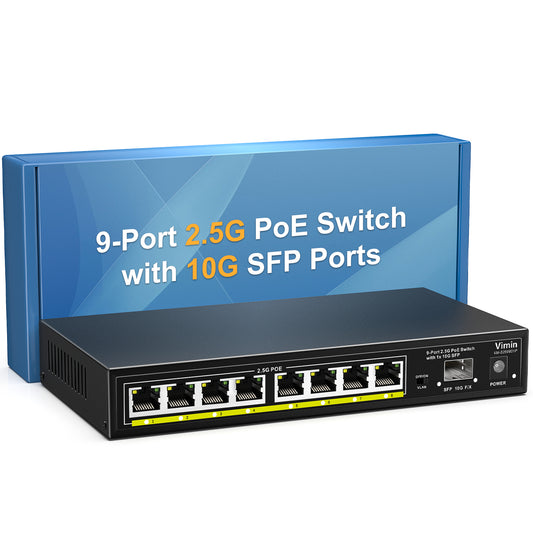 8 Port 2.5G Base-T PoE Switch Unmanaged, VIMIN 9-Port 2.5 Gigabit PoE Switch with 10G SFP, 60Gbps Switching Capacity, 120W Power Budget, VLAN, Support IEEE802.3af/at, Metal Housing, Fanless, Desktop