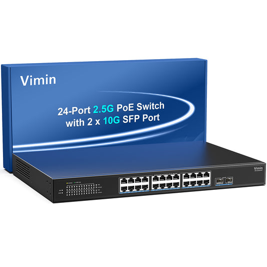 26-Port 2.5G PoE Switch Unmanaged, 24× 2.5G Base-T PoE Ports, 2× 10Gbps SFP, 24 Port PoE Switch w/ 60Gbps Ethernet Switching Capacity, Support IEEE802.3af/at, 65W, VLAN, Metal Housing, Fanless