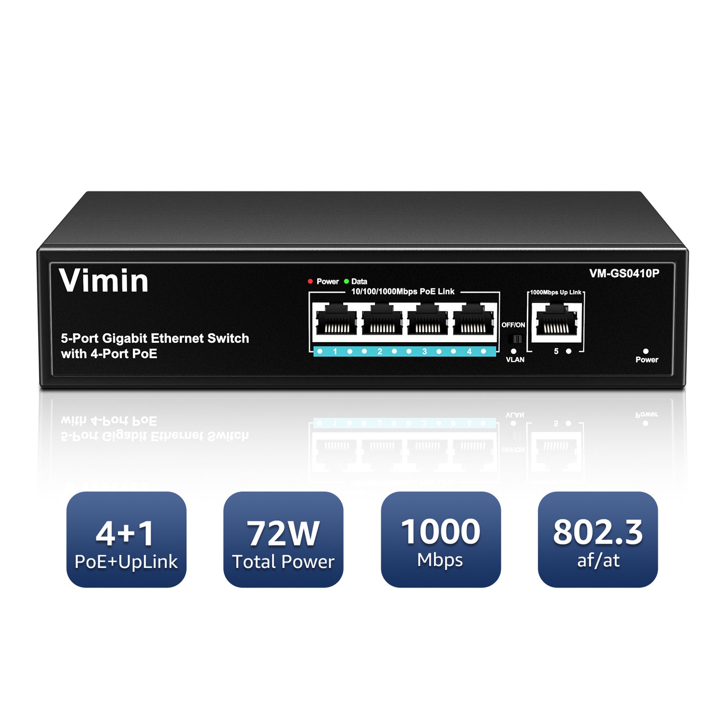 4 Port Gigabit PoE Switch with 1 Uplink Gigabit Ports, 5 Port Unmanaged Ethernet PoE Switch with 72W Power, Support IEEE802.3af/at, VLAN, Metal Housing, Desktop or Wall-Mount, Plug & Play