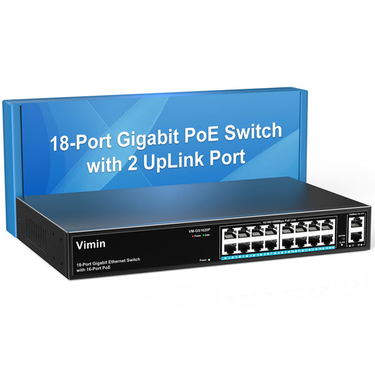 16 Port Gigabit PoE Switch with 2 Uplink Gigabit Ports, 18 Port Unmanaged Ethernet PoE Switch with 250W Power, Support IEEE802.3af/at, VLAN, Metal Housing, 19 inch Rack-Mount, Plug & Play