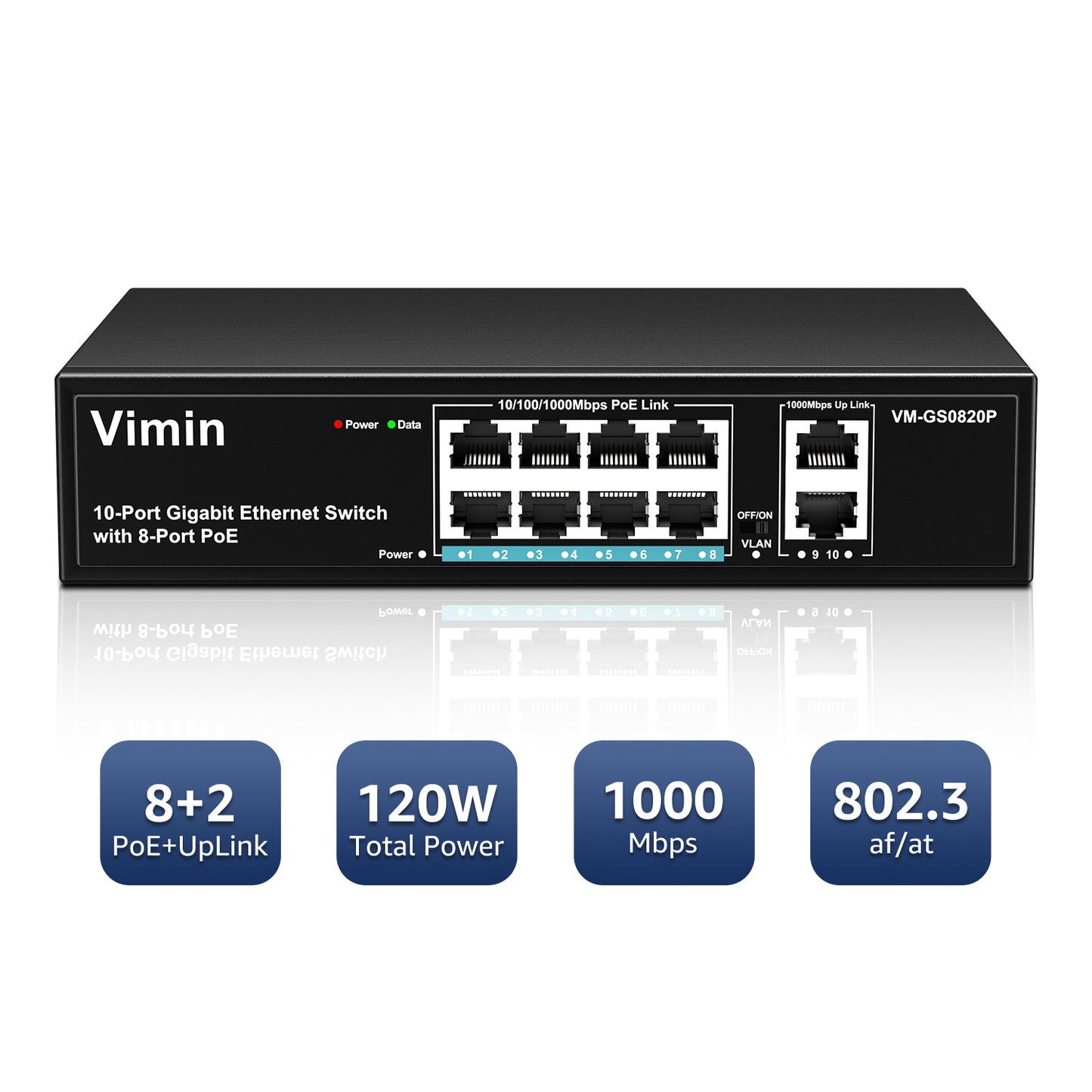 Switch PoE Gigabit 8 ports avec 2 ports Gigabit de liaison montante, commutateur PoE Ethernet non géré 10 ports avec puissance 120 W, prise en charge IEEE802.3af/at, VLAN, boîtier métallique, bureau ou montage mural, Plug &amp; Play 