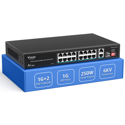 [Upgraded] 16-Port PoE Switch with 2 Uplink Gigabit Ports & 1 SFP, VIMIN 19-Port Unmanaged 10/100Mbps Network PoE Switch with 16-Port PoE, AI Watchdog, VLAN, Extend 250m, Support IEEE802.3af/at