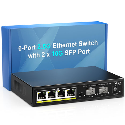 6 Port 2.5G Unmanaged Network Switch, 4X 2.5Gbase-T Ports, 2X 10G SFP, 60Gbps Ethernet Switching Capacity, One-Key VLAN, Metal Housing, Fanless, Work for 2.5Gbps NAS, Wireless AP & PC