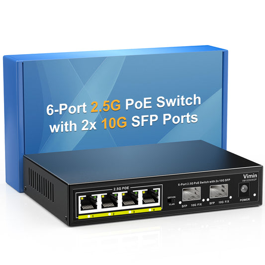 6-Port 2.5G PoE Switch Unmanaged, 4X 2.5GBase-T PoE Ports, 2X 10Gbps SFP, 4 Port PoE Switch w/ 60Gbps Ethernet Switching Capacity, Support IEEE802.3af/at, 65W, VLAN, Metal Housing, Fanless