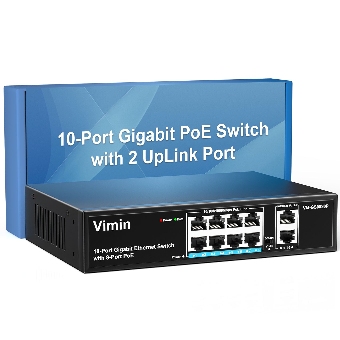 Switch PoE Gigabit 8 ports avec 2 ports Gigabit de liaison montante, commutateur PoE Ethernet non géré 10 ports avec puissance 120 W, prise en charge IEEE802.3af/at, VLAN, boîtier métallique, bureau ou montage mural, Plug &amp; Play 