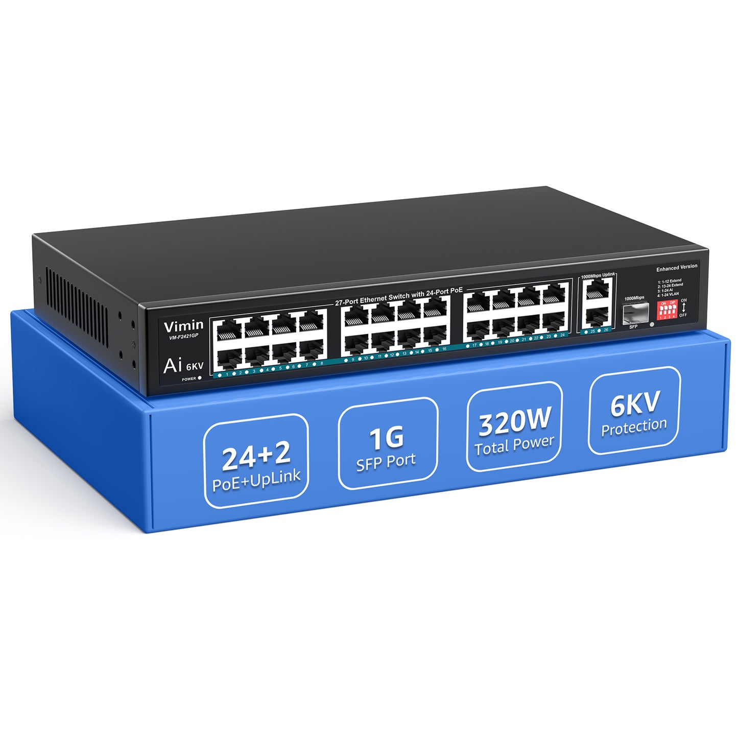 [Upgraded] 24-Port PoE Switch with 2 Uplink Gigabit Ports & 1 SFP, VIMIN 27-Port Unmanaged 10/100Mbps Network PoE Switch with 24-Port PoE, AI Watchdog, VLAN, Extend 250m, Support IEEE802.3af/at