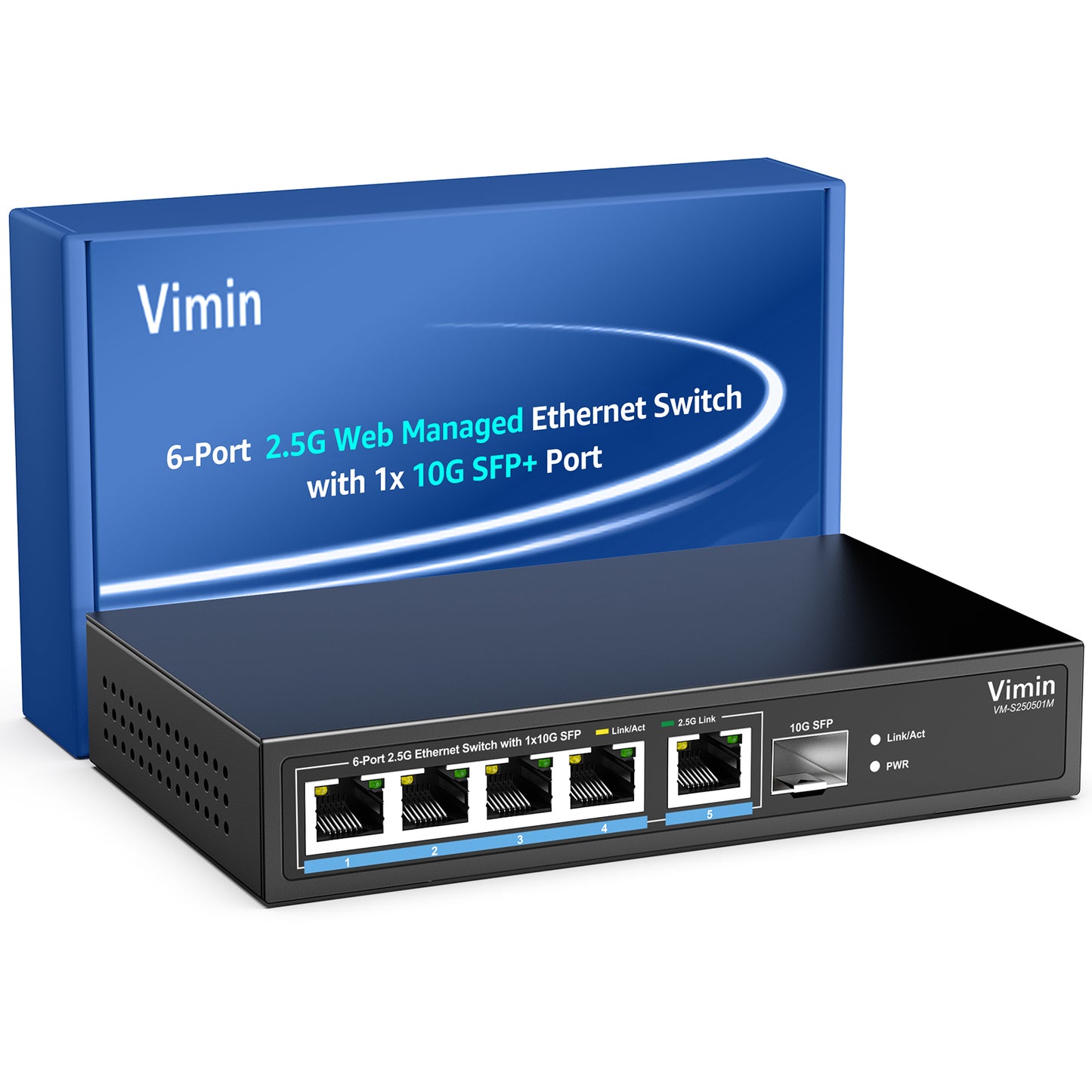 5 Port 2.5G Base-T Smart Web Ethernet Switch Managed with 10Gbps SFP Port, Compatible with 100/1000/2500Mbps Network, VIMIN 6-Port 2.5 Gigabit Managed Network Switch for 2.5G NAS, PC, Wireless AP