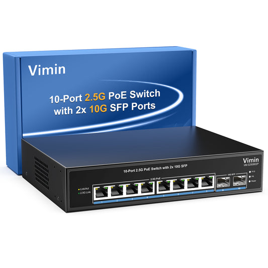 8 Port 2.5G PoE Switch Unmanaged with 2X 10Gbps SFP, VIMIN 10x 2.5G Base-T PoE Ports, 10G SFP PoE Switch w/ 60Gbps Ethernet Switching Capacity, IEEE802.3af/at, 120W, VLAN, Metal Housing, Fanless