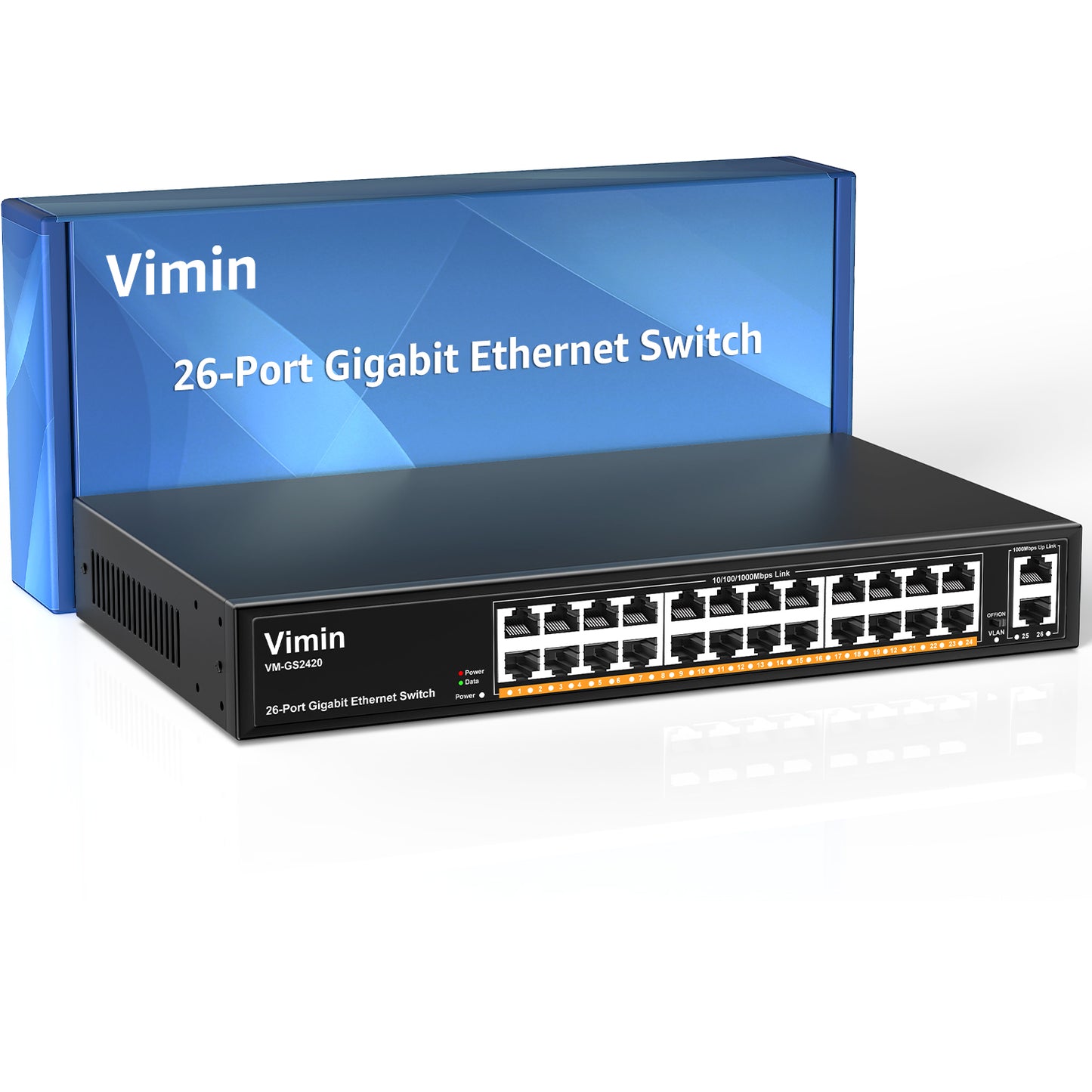 24-Port Gigabit Ethernet Switch with 2 Uplink 1000Mbps Ports, 26-Port Unmanaged Network Switch Support IEEE802.3af/at, VLAN, Metal Housing, Desktop, 19 inch Rack-Mount, Plug and Play