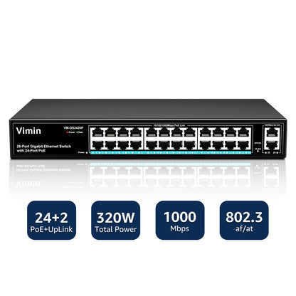 24 Port Gigabit PoE Switch with 2 Uplink Gigabit Ports, 26 Port Unmanaged PoE Ethernet Switch with 320W Power, Support IEEE802.3af/at, VLAN, Metal Housing, 19 inch Rack-Mount, Plug and Play