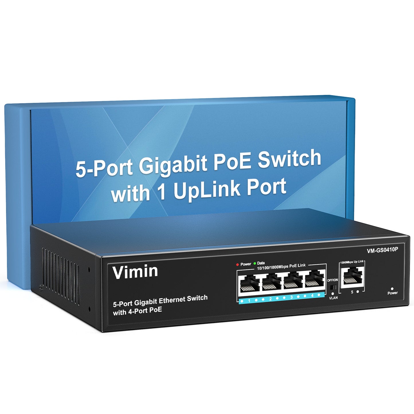 4 Port Gigabit PoE Switch with 1 Uplink Gigabit Ports, 5 Port Unmanaged Ethernet PoE Switch with 72W Power, Support IEEE802.3af/at, VLAN, Metal Housing, Desktop or Wall-Mount, Plug & Play