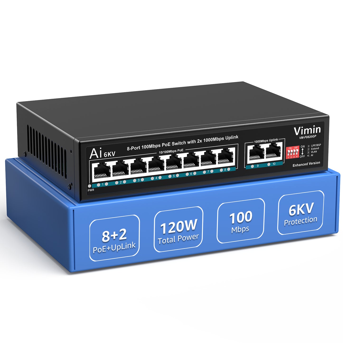 [Mise à niveau] Switch PoE 8 ports avec 2 ports de liaison montante Gigabit, commutateur PoE Ethernet 10/100 Mbps non géré VIMIN 10 ports avec liaison montante 2 x 1000 Mbps, chien de garde AI, VLAN, extension 250 m, prise en charge IEEE802.3af/at 