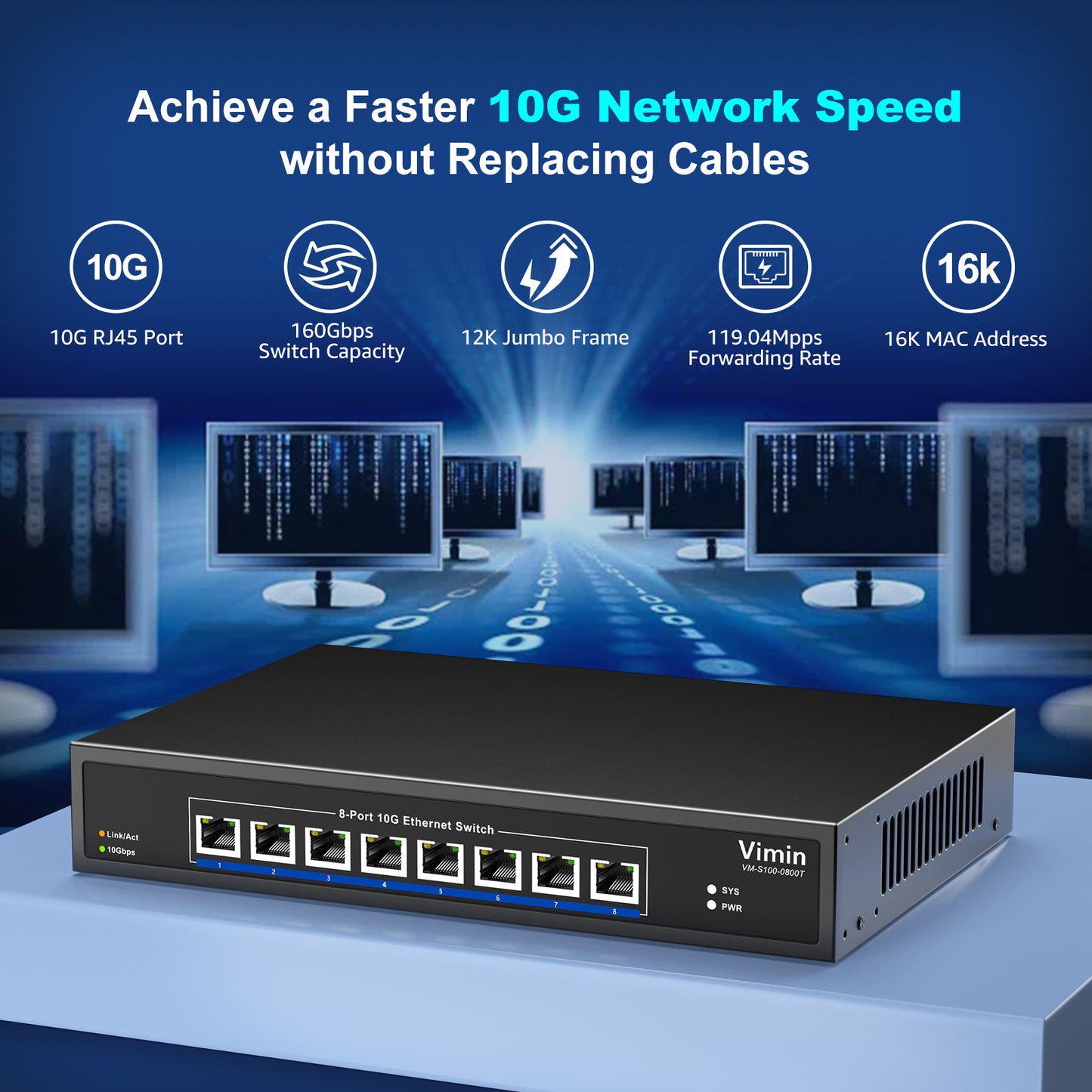 8-Port 10G Unmanaged Ethernet Switch, VIMIN 10Gbe Network Switch Support 100M/1000M/2.5G/5G/10G Speed Auto-Negotiation, for 10G NAS Network, Plug & Play, 160Gbps Switching Capacity