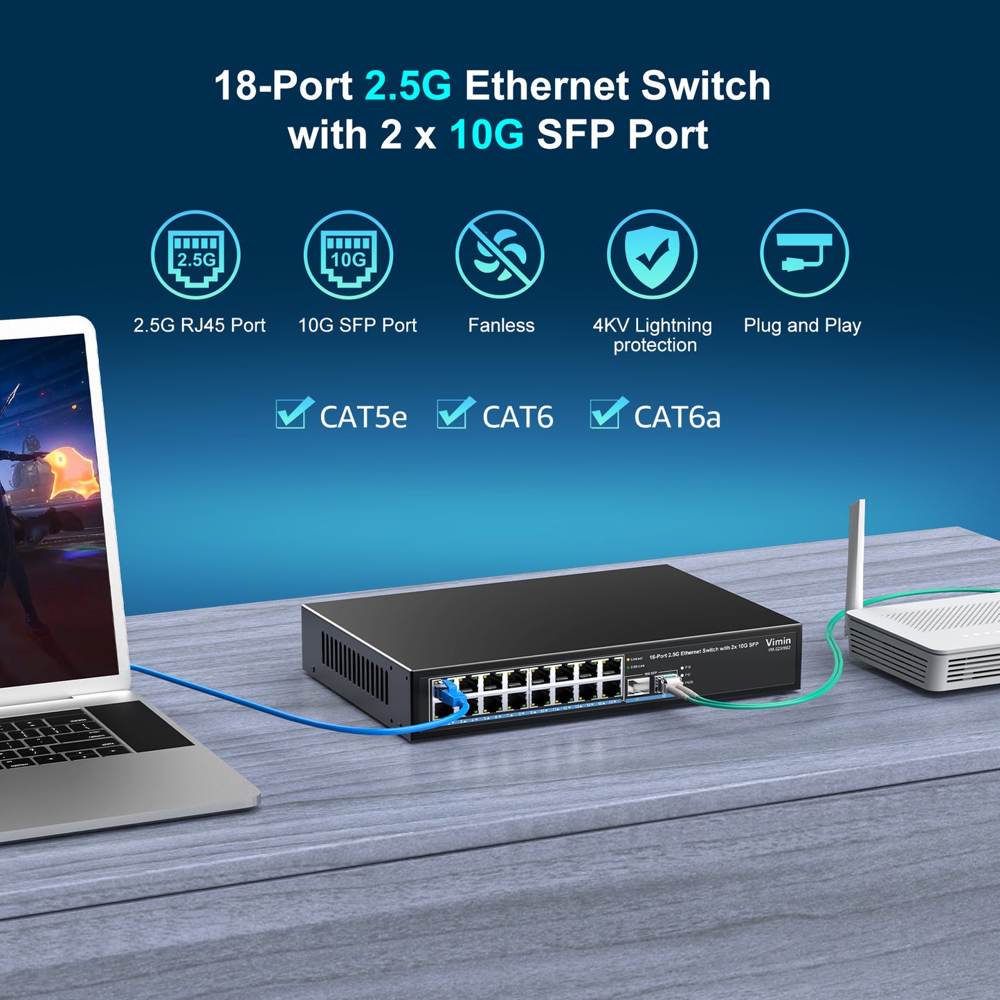 18 Port 2.5G Unmanaged Network Switch, 16X 2.5Gbase-T Ethernet Ports, 2X 10G SFP+, 120Gbps Switching Capacity, Metal Housing, Fanless, 19-inch Rack Mount, Work for 2.5Gbps NAS, Wireless AP & PC