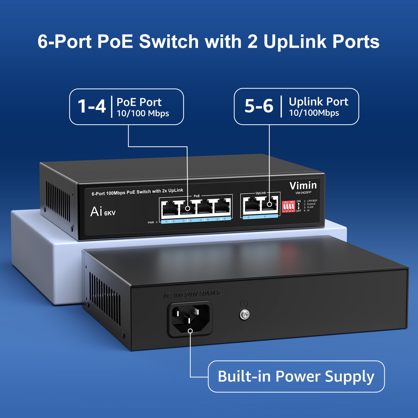 [Mise à niveau] Switch PoE Gigabit 6 ports avec 4 ports PoE, VIMIN 4 ports non gérés 10/100/1000 Mbps commutateur réseau PoE avec 2 ports de liaison montante, AI Watchdog, VLAN, extension 250 m, prise en charge IEEE802.3af/at 