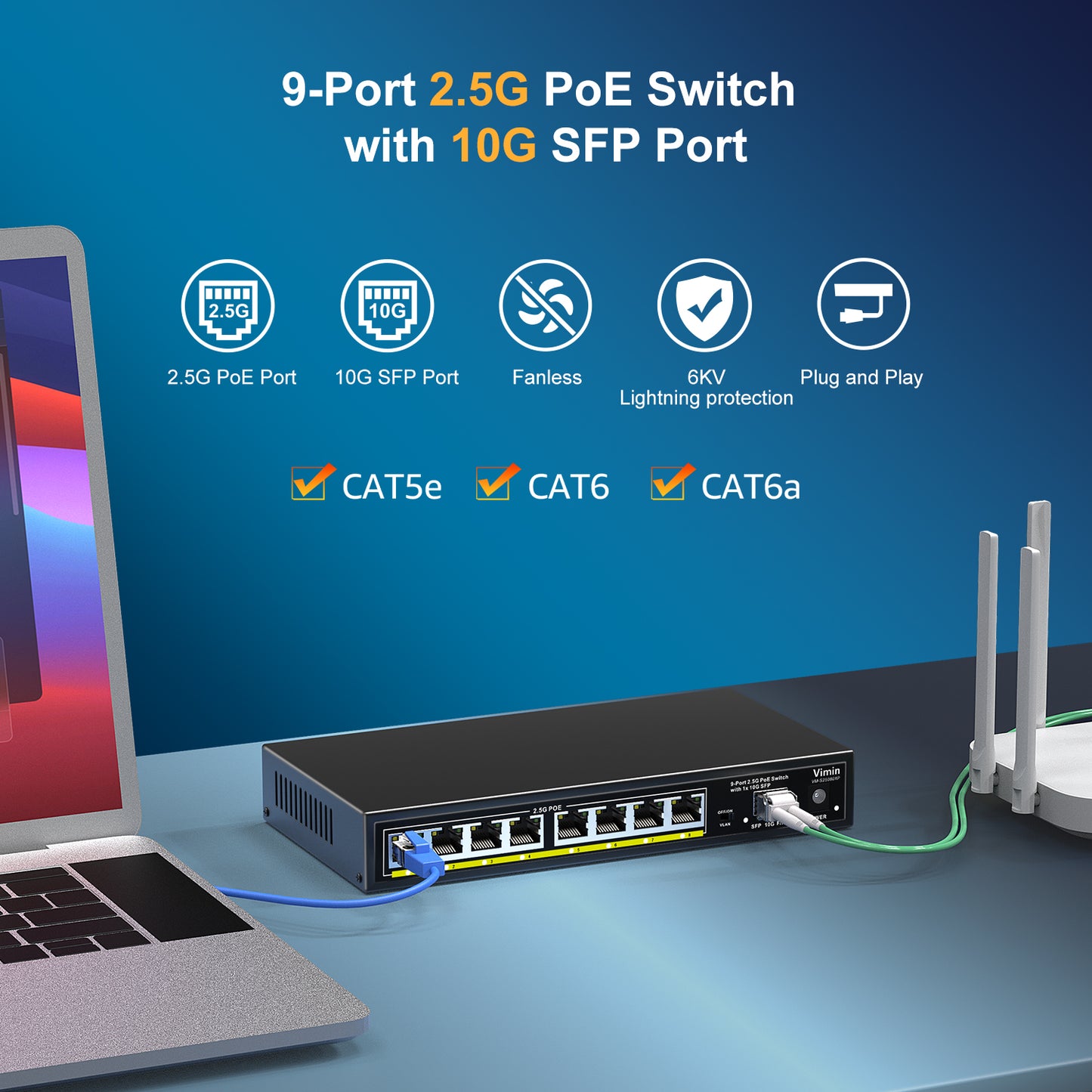 8 Port 2.5G Base-T PoE Switch Unmanaged, VIMIN 9-Port 2.5 Gigabit PoE Switch with 10G SFP, 60Gbps Switching Capacity, 120W Power Budget, VLAN, Support IEEE802.3af/at, Metal Housing, Fanless, Desktop