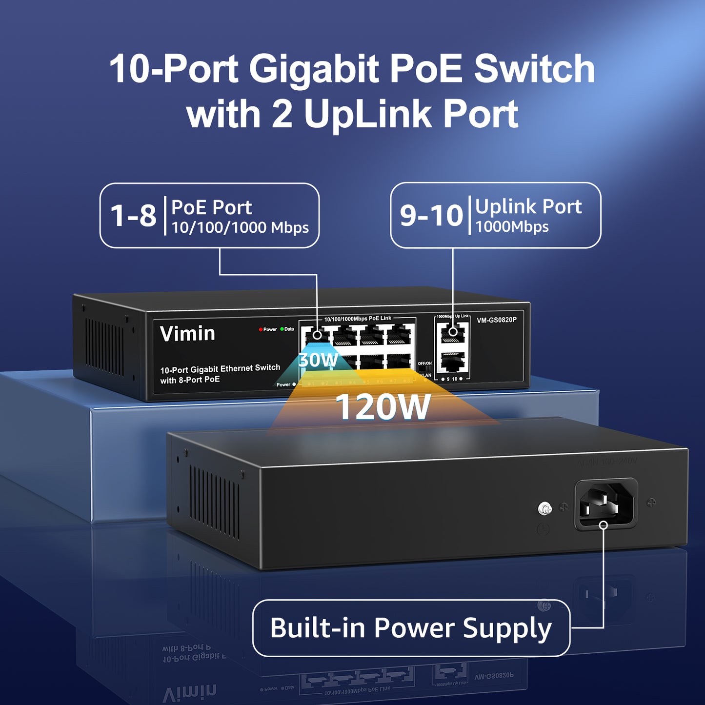 Switch PoE Gigabit 8 ports avec 2 ports Gigabit de liaison montante, commutateur PoE Ethernet non géré 10 ports avec puissance 120 W, prise en charge IEEE802.3af/at, VLAN, boîtier métallique, bureau ou montage mural, Plug &amp; Play 