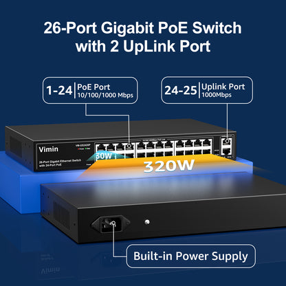 24 Port Gigabit PoE Switch with 2 Uplink Gigabit Ports, 26 Port Unmanaged PoE Ethernet Switch with 320W Power, Support IEEE802.3af/at, VLAN, Metal Housing, 19 inch Rack-Mount, Plug and Play