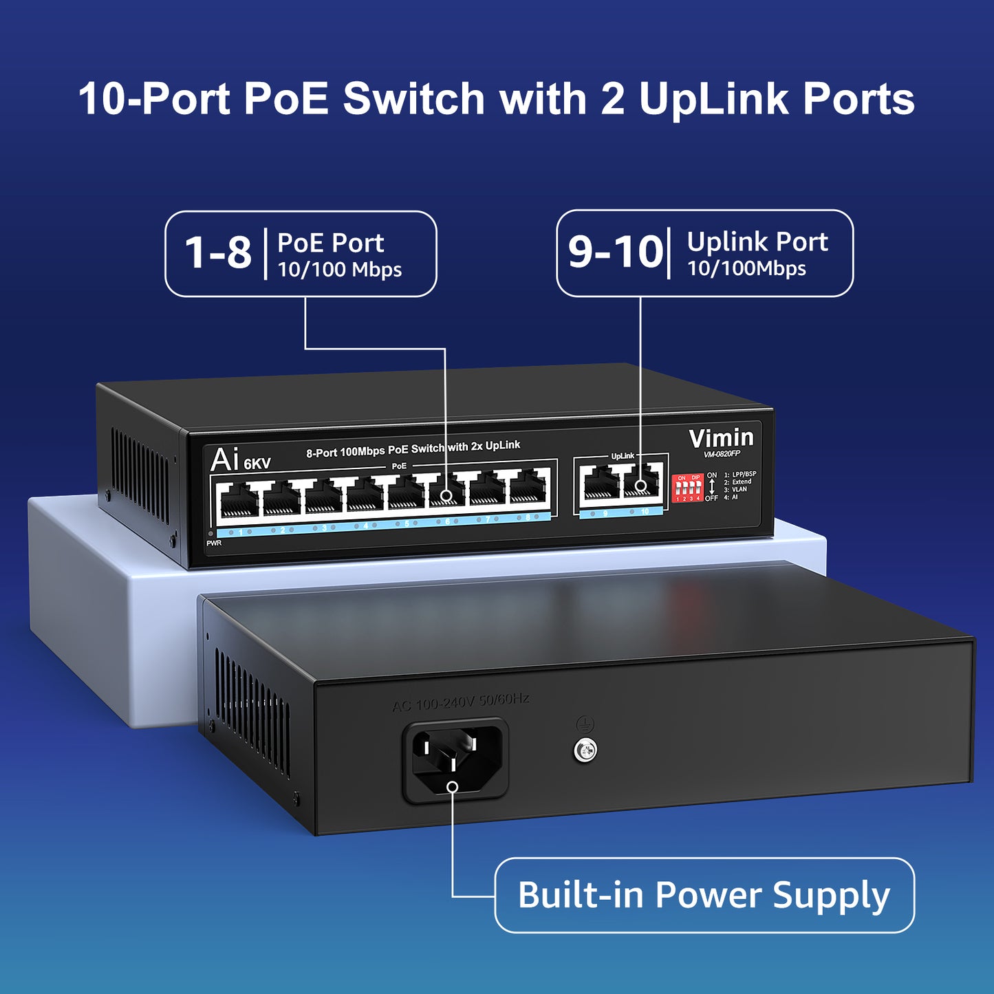 [Upgraded] 10-Port PoE Switch with 8 Port PoE, VIMIN 8-Port Unmanaged 10/100Mbps Network PoE Switch with 2 Uplink Ports, AI Watchdog, VLAN, Extend 250m, Support IEEE802.3af/at, 120W PoE Power