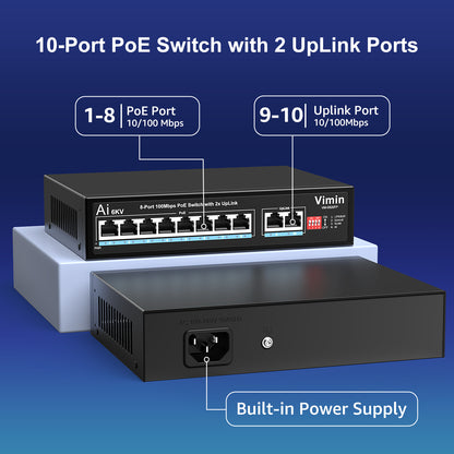 [Upgraded] 10-Port PoE Switch with 8 Port PoE, VIMIN 8-Port Unmanaged 10/100Mbps Network PoE Switch with 2 Uplink Ports, AI Watchdog, VLAN, Extend 250m, Support IEEE802.3af/at, 120W PoE Power