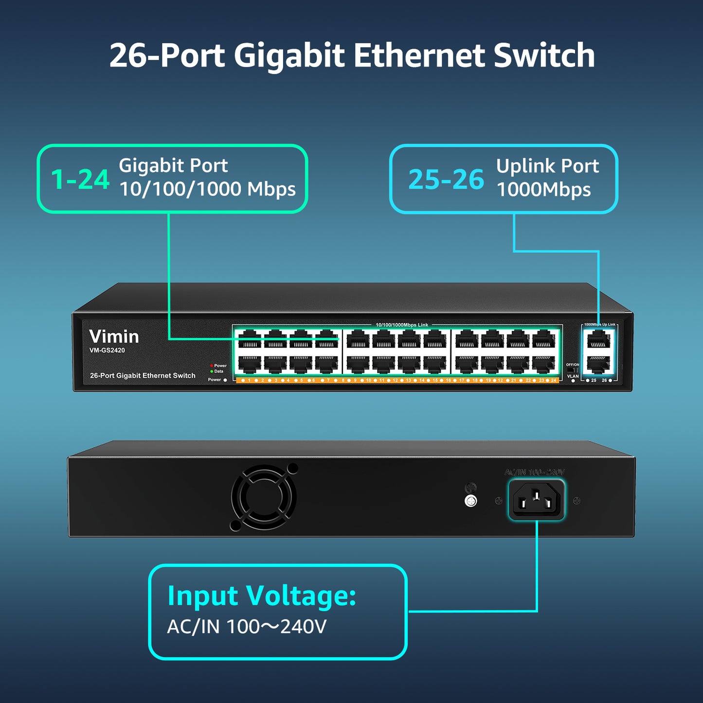 24-Port Gigabit Ethernet Switch with 2 Uplink 1000Mbps Ports, 26-Port Unmanaged Network Switch Support IEEE802.3af/at, VLAN, Metal Housing, Desktop, 19 inch Rack-Mount, Plug and Play