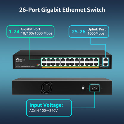 24-Port Gigabit Ethernet Switch with 2 Uplink 1000Mbps Ports, 26-Port Unmanaged Network Switch Support IEEE802.3af/at, VLAN, Metal Housing, Desktop, 19 inch Rack-Mount, Plug and Play