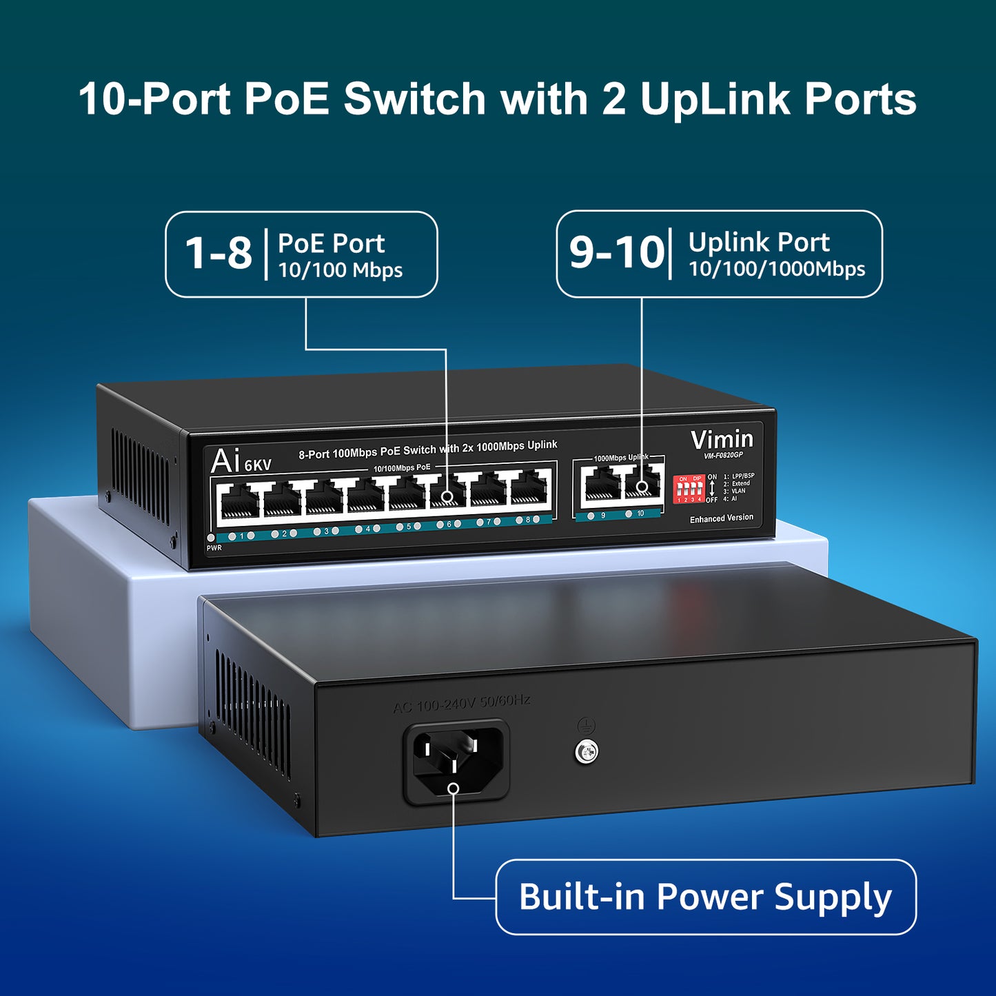 [Mise à niveau] Switch PoE 8 ports avec 2 ports de liaison montante Gigabit, commutateur PoE Ethernet 10/100 Mbps non géré VIMIN 10 ports avec liaison montante 2 x 1000 Mbps, chien de garde AI, VLAN, extension 250 m, prise en charge IEEE802.3af/at 